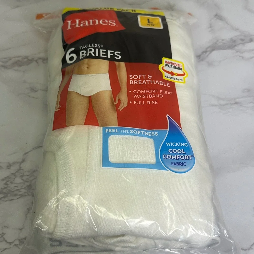 Hanes Mens Tagless Briefs 6-Pack White 100% Cotton Full Rise Size Large 36-38